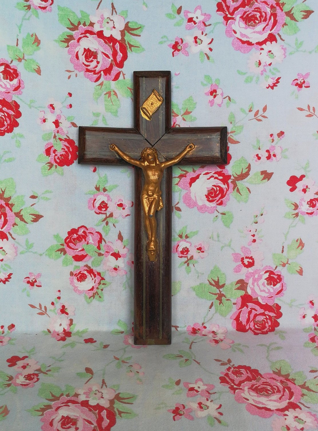 Crucifix en Bois Français Vintage Croix Inri Jésus Vierge Marie Christ Crucifié Métal Catholique Cru