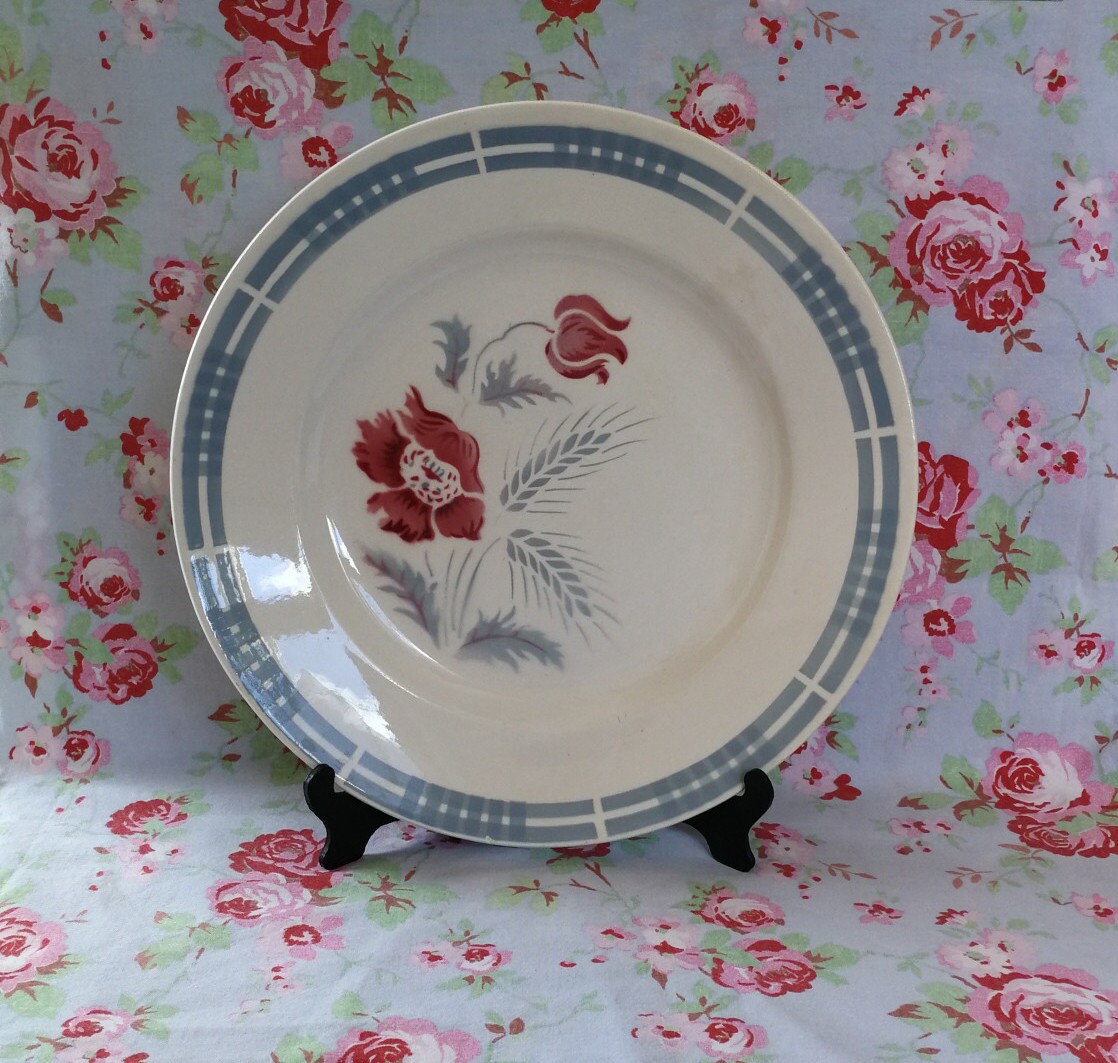 Rare Grand Digoin Sarreguemines Carole Plateau Bleu & Rose Plat Plaque Pochoir de Stencilware Motif 