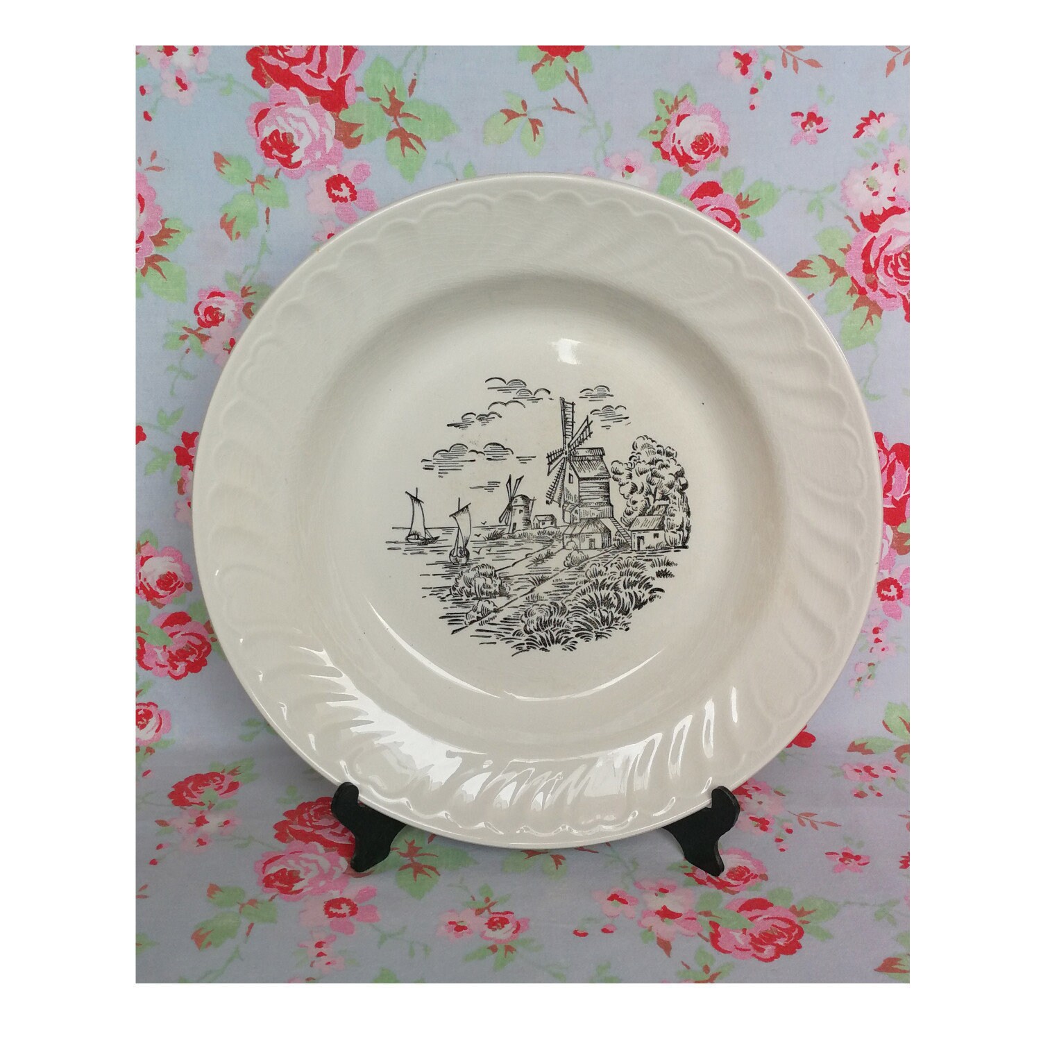 Grand Français Festonné Service Bol Plat Moulin à Vent Bateaux Paysage Rond Vintage France Plateau N