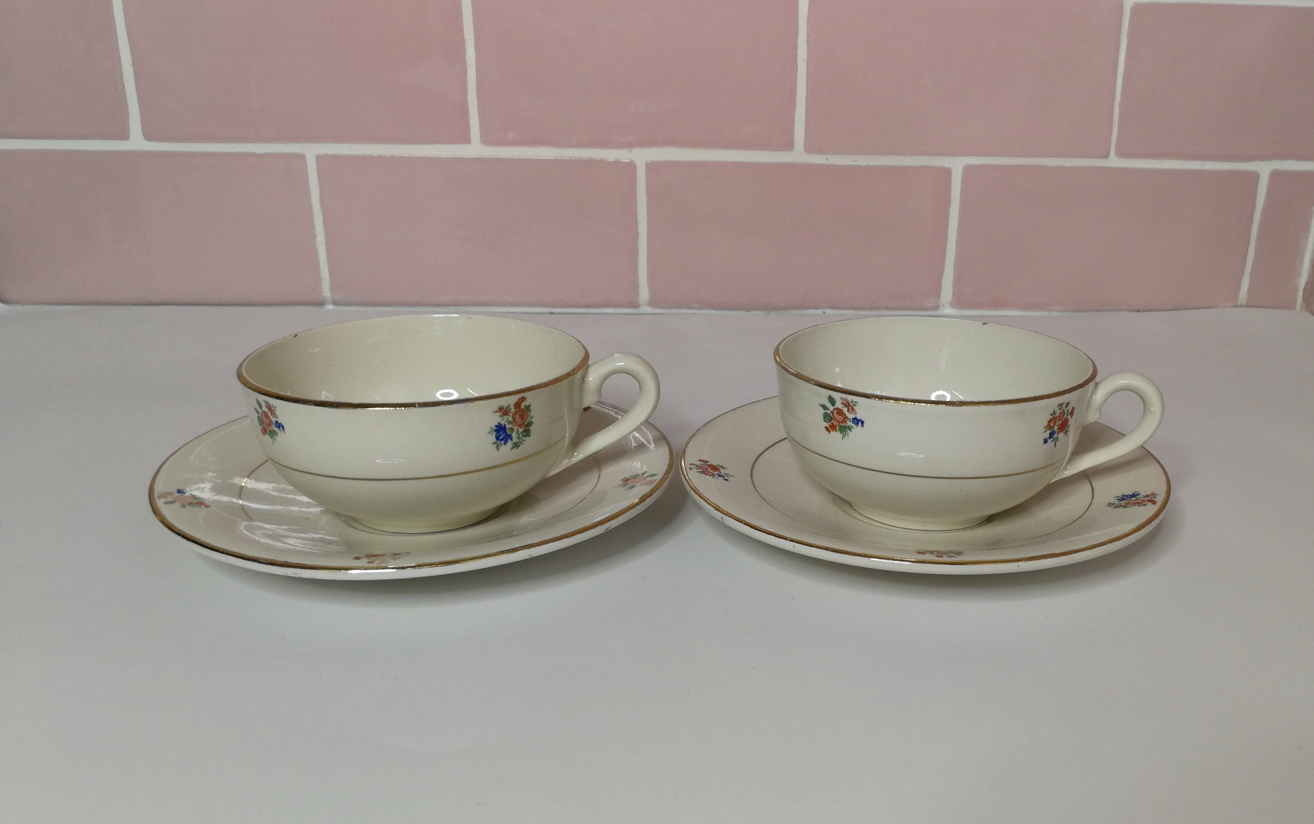 2 Français Millésimes Digoin Sarreguemines Véritable Opaque Thé/Café Tasse & Soucoupes Set Made in F