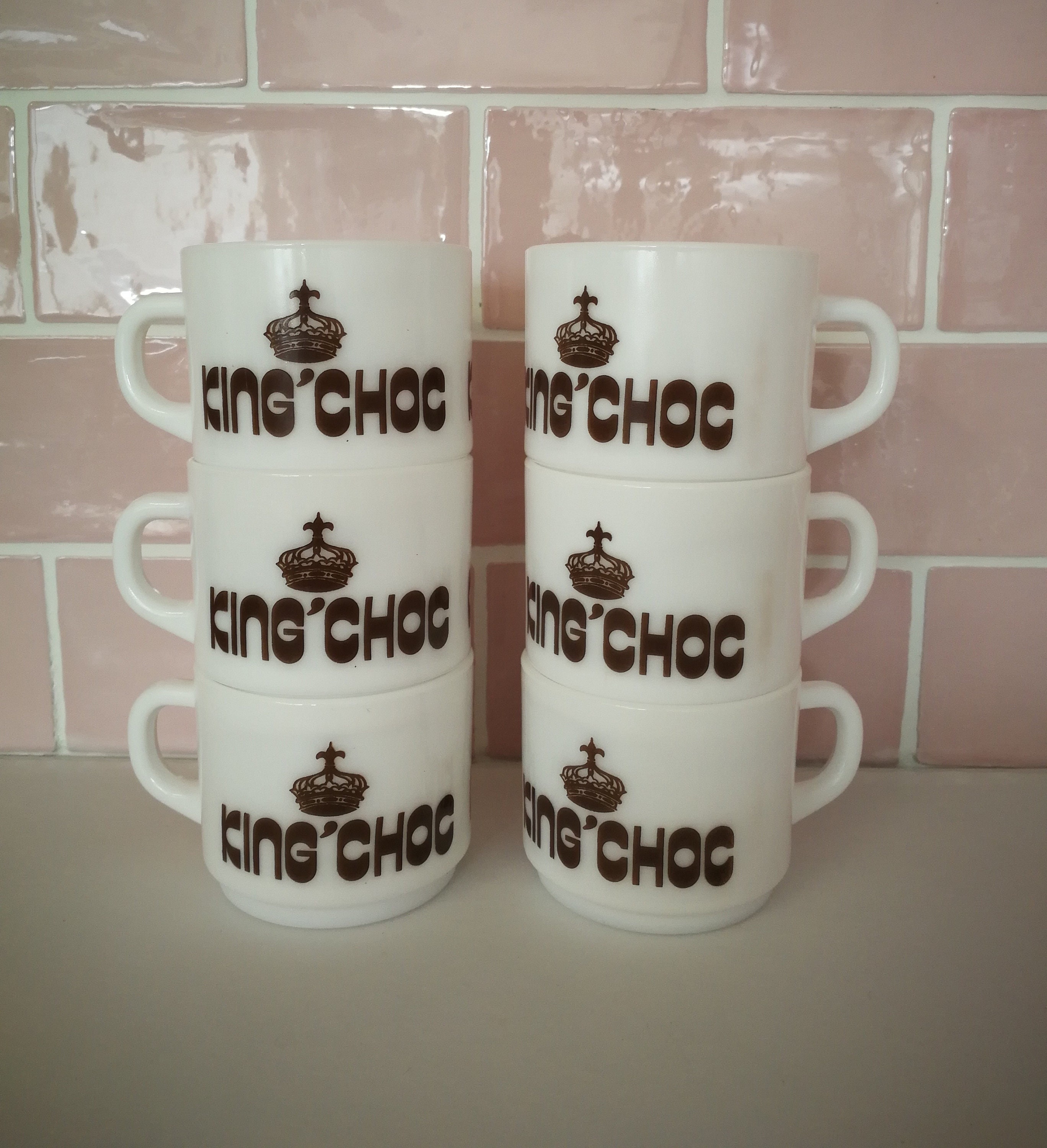 6 Vintage Français Rare King Choc Arcopal Cups Hot Chocolate Coffee Tea Set Of Six Made in France Ad