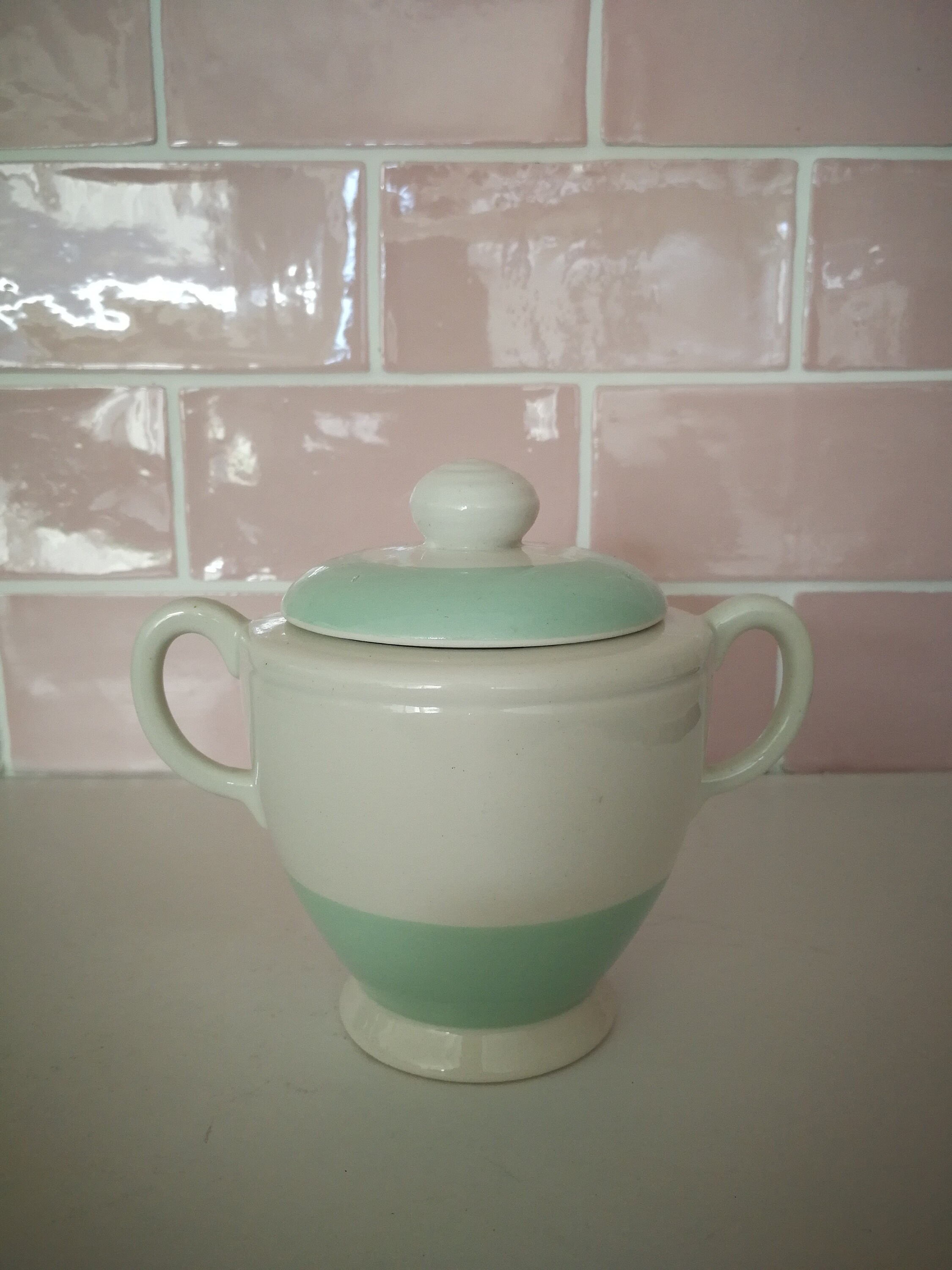Vintage Français Luneville Keller et Guerin Sugar Bowl Tea Time Pour Deux Made in France Green Mint 