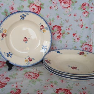 4 Vintage French Digoin Sarreguemines Mary Lou Deep Plates Blue and Red Made in France Flowers Airbrush Flower Stencilware Pasta Bowl Soup