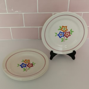 4 vintage Français Moulin Des Loups &quot;La Ruche&quot; Assiettes à Dessert France Plat d&#39;accompagnement Orange Bleu Rouge Fleurs Faïence Plats Peinture Aérographe Rétro