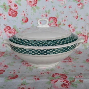 Vintage French Ironstone Soup Tureen with Lid | Green Geometric Pattern | Farmhouse Kitchen Decor Digoin