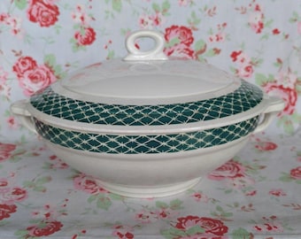 Vintage French Ironstone Soup Tureen with Lid | Green Geometric Pattern | Farmhouse Kitchen Decor Digoin