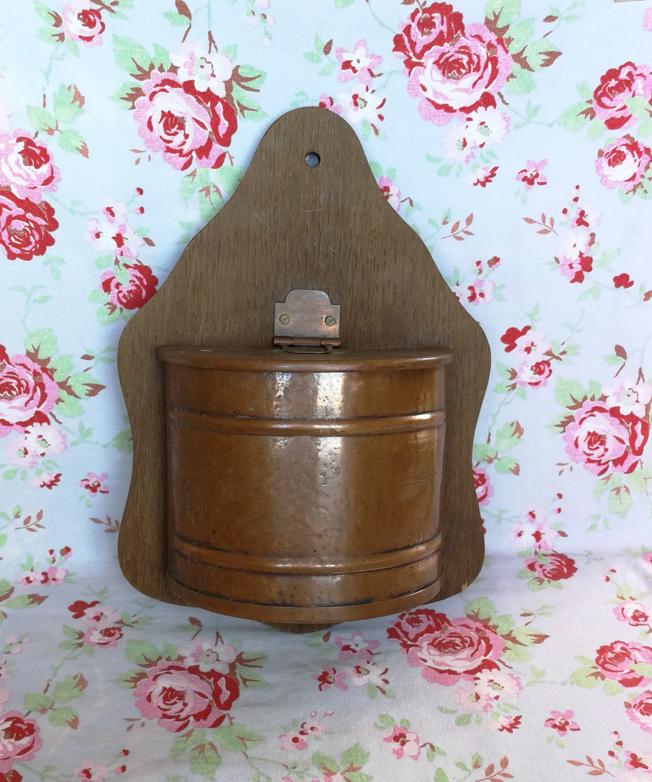 Vintage Français Wood & Brass Wall Salt Box Saleron Holder Made in France Mid Century 1950 Cellar Di