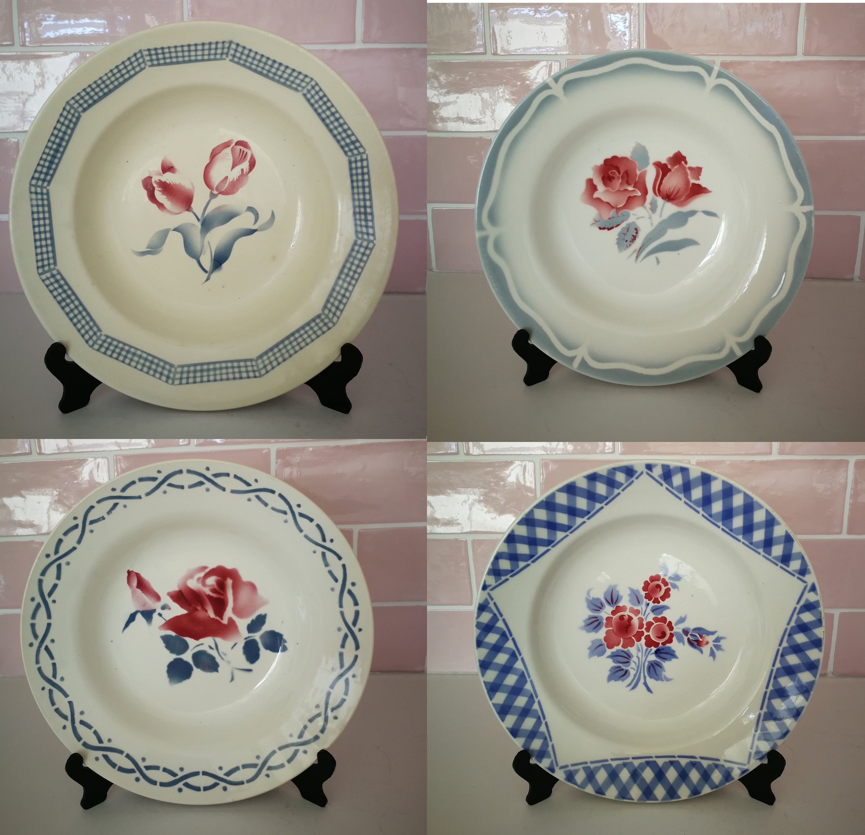 4 Digoin Sarreguemines Dépareillés K&g Luneville Blue Deep Plates Janine Henri Vintage Français Rose