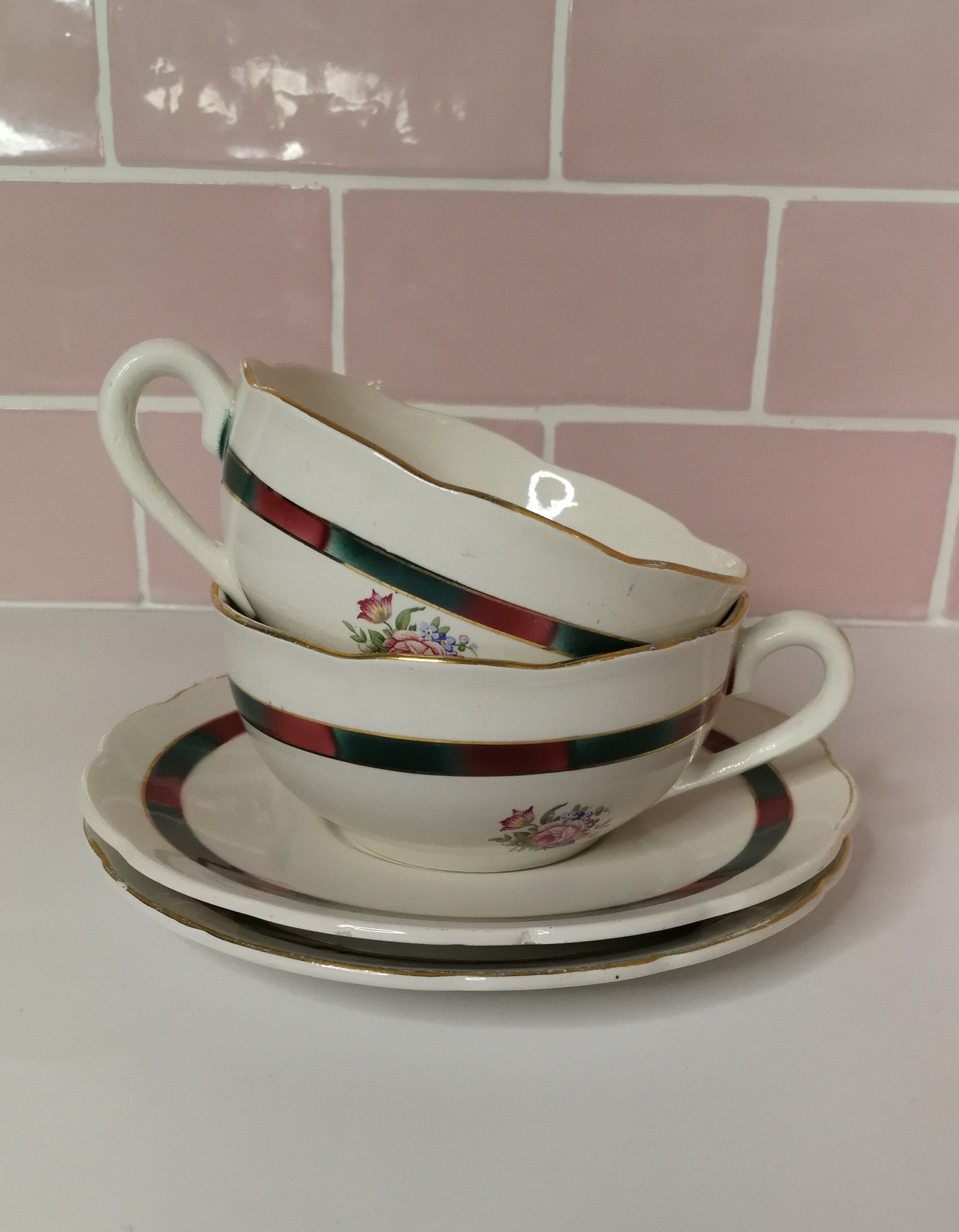 2 Français Millésimes Digoin Sarreguemines Gina Grand Thé/Café Chocolat Chaud Tasse & Soucoupes Set 