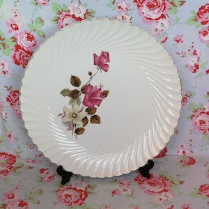 Vintage French K&G Luneville Cake Tray Dessert Tart Dish Pink Roses Green Leaves Flowers with Handles Plat à Tarte Hand Painted France