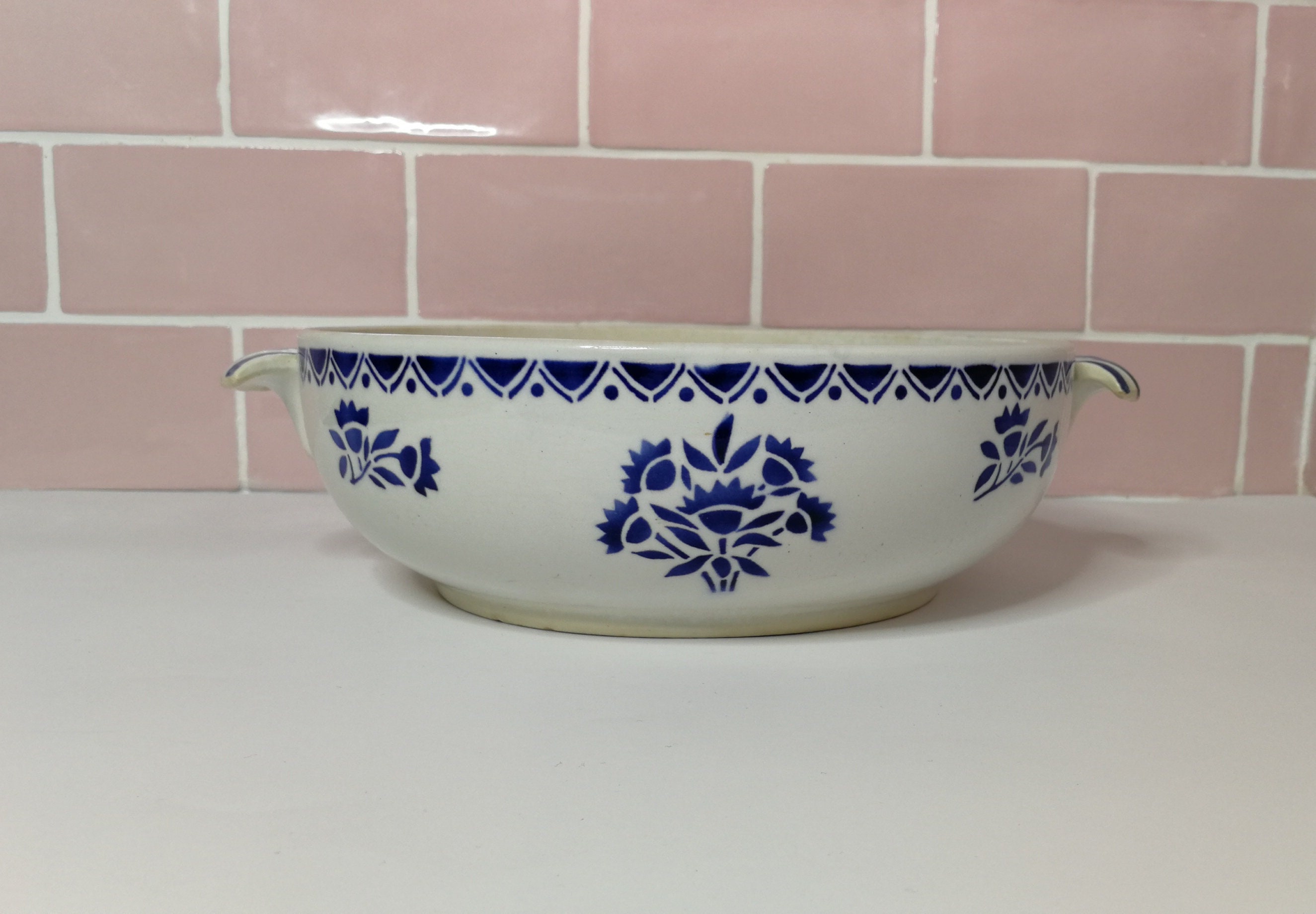 Grand Français Vintage L'amandinoise Saint Amand Saladier avec Poignées Œillets Bleus Fabriqué en Fr