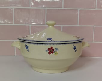 Digoin Sarreguemines Soup Tureen "Mary Lou" Made in France Vintage French Blue Flowers Loience Ceramic Pattern Tapdded Serving Bowl Marylou