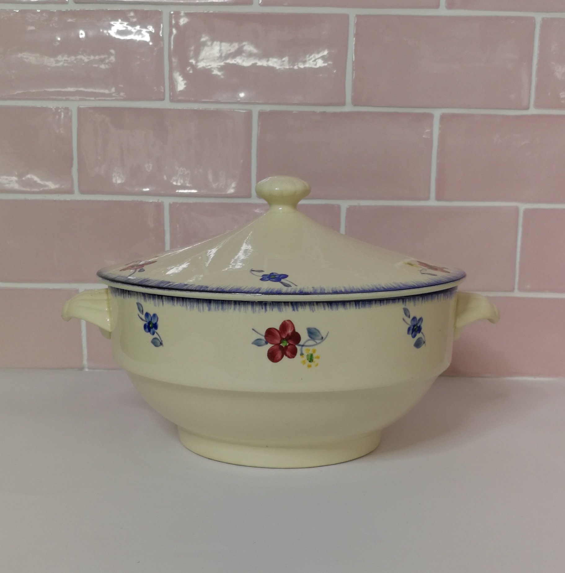 Digoin Sarreguemines Soupe Tureen Mary Lou Made in France Vintage Français Bleu Fleurs Faïence Céram