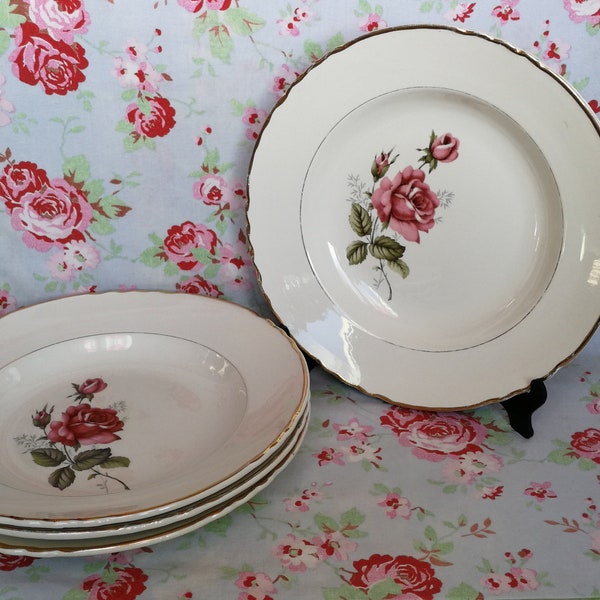 4 Vintage French Deep Scalloped Plates Gold Rim Antique French Pasta Bowls Salad Floral Flowers Pink Rose Earthenware Dishes K G Retro