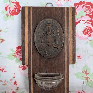 Vintage Französisch Wand Weihwasser Schrift Heiligstes Herz von Jesus Religiöses aus Holz & Glas Benitier Stoup Jungfrau Maria Katholische Ikonen Erinnerungsstücke