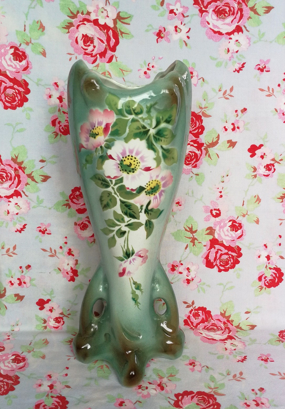 Antique Large Français Nord Saint Amand Hamage Vase Handmade Stamped Made in France Flower Pattern F