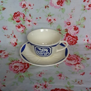 Vintage French K&G Luneville Earthenware Blue Tea Cup + Saucer Espresso Coffee Stamped France (Digoin Style) Fruit Stencil Airbrush