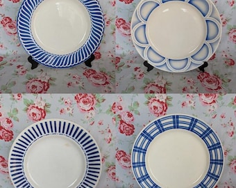 4 Mismatched Digoin Sarreguemines Dinner Plates Jacquot Badonviller Arcades CM Paris Vintage French Blue Airbrush Stencil Mixed Design