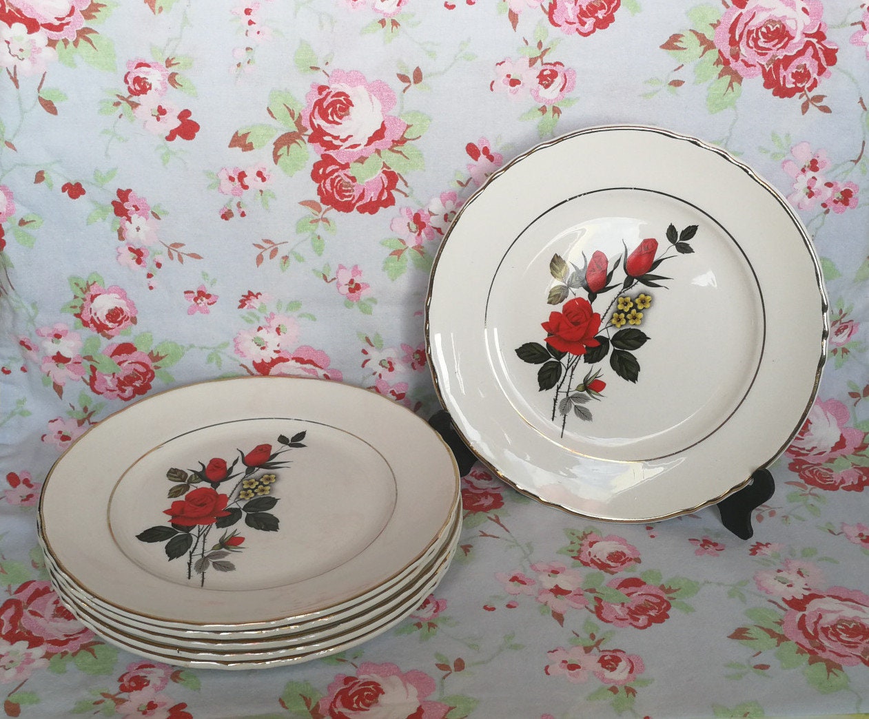 6 Français Vintage Moulin Des Loups Assiettes Dessert Romantique Rose Petite Assiette Made in France