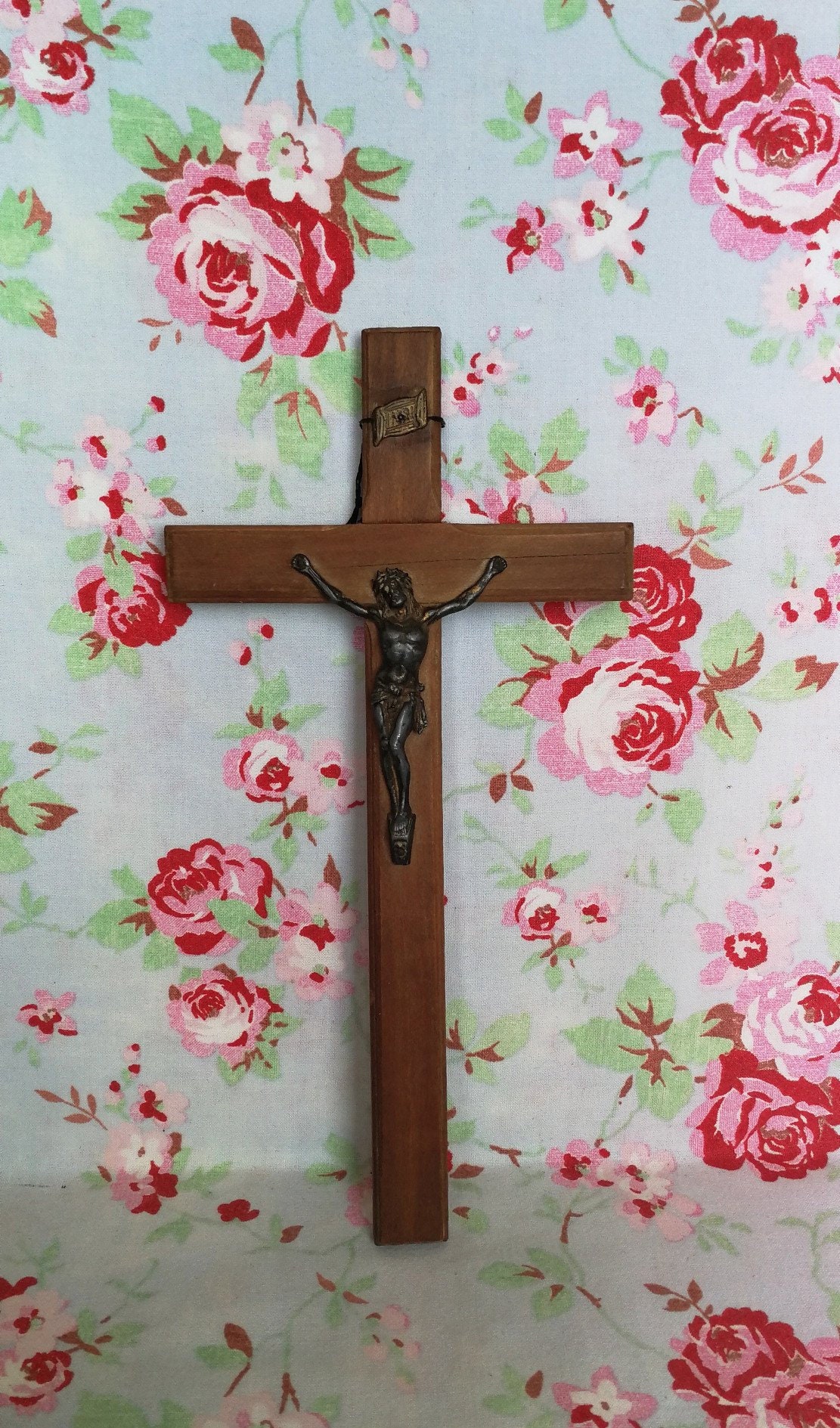 Crucifix en Bois Français Vintage Croix Inri Jésus Vierge Marie Christ Crucifié Métal Catholique Cru