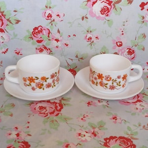 2 Vintage French Arcopal Scania Coffee Cups and Saucers Set of Two Coffee Tea Made In France Expresso Milk Glass Flower Power Pattern 1970s