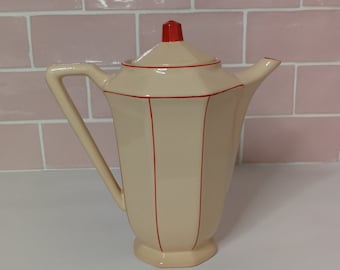 Vintage fransk Digoin Sarreguemines kaffekanna med lock set tillverkad i Frankrike babyrosa pulver med röda linjer cafetière kanna sällsynt Digoin