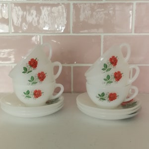 6 Vintage French Arcopal Coffee Cups + Saucers Set of 6 Coffee Tea Mugs Made In France Milk Glass Opaline White Red Roses Flowers 1960s