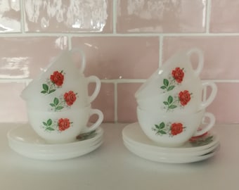 6 Vintage French Arcopal Coffee Cups + Saucers Set of 6 Coffee Tea Mugs Made In France Milk Glass Opaline White Red Roses Flowers 1960s