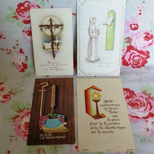 Lot van 4 antieke Franse papier communie kaarten Maagd Maria Jezus Christus gekruisigd Vierge katholieke INRI vrome afbeelding iconografie gebed