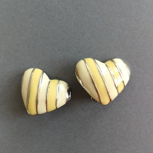 Vintage French 80&#39;s Heart Shaped Clip On Earrings Yellow White Designer France Lanvin Nina Ricci Jean Paul Gaultier Inspired Haute Couture
