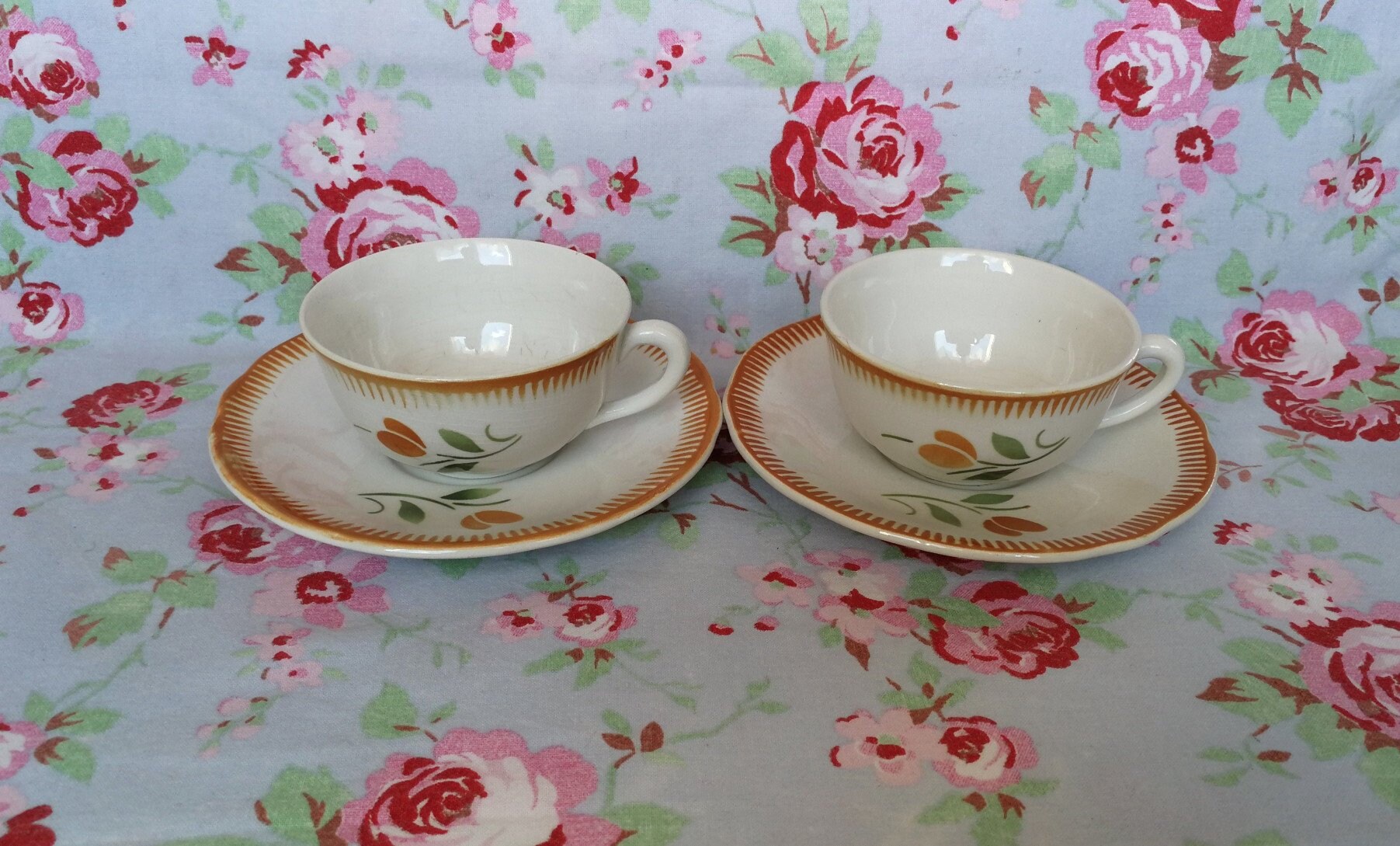 2 Lovely Vintage French Badonviller Tea/Coffee Cup Set Made in France Orange Flowers Roses Airbrush 