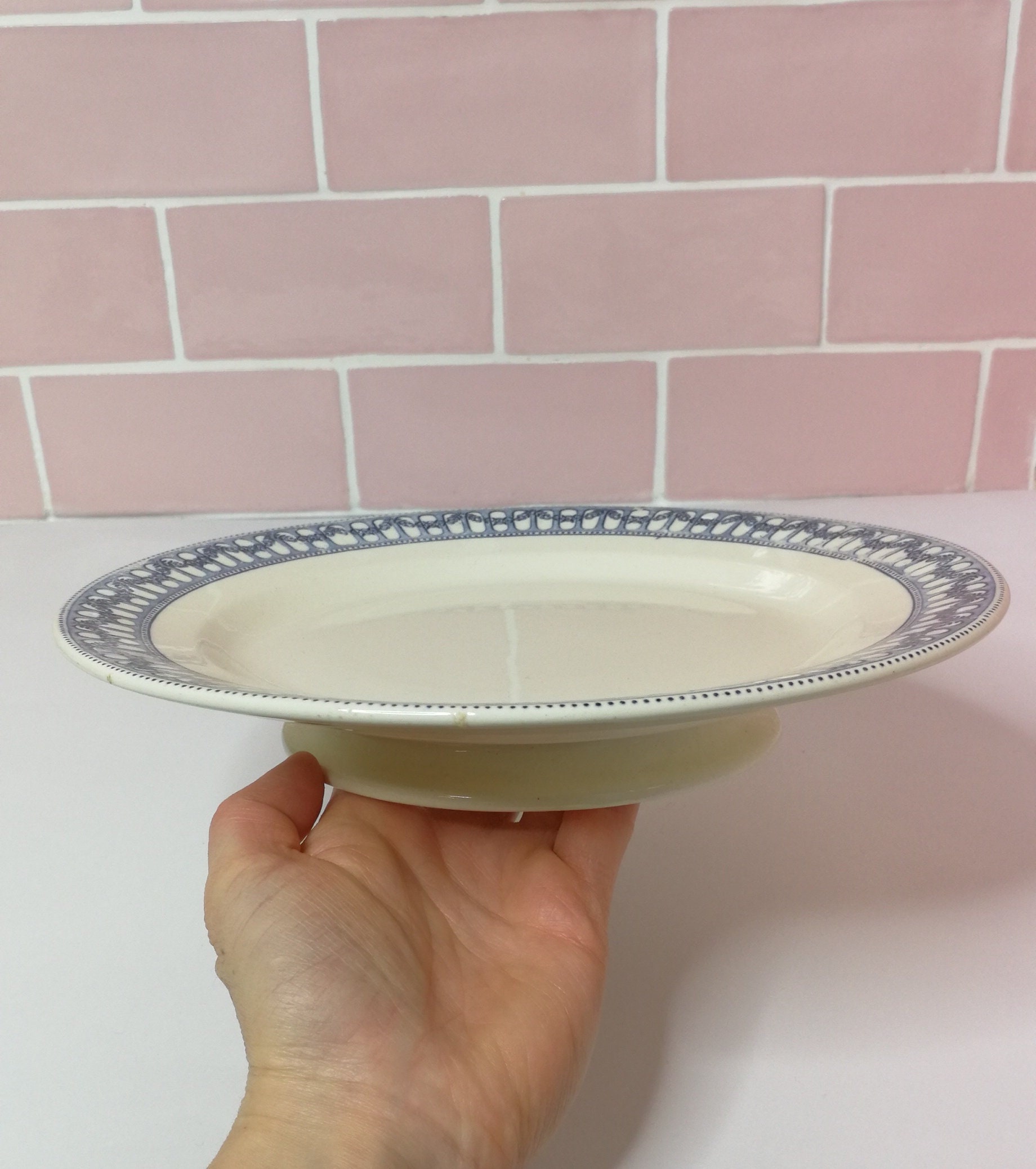 Français Salins Antiques B.m. Sermaize Dark Blue Ironstone Cake/Biscuit/Fruit Stand Compotier Pedest