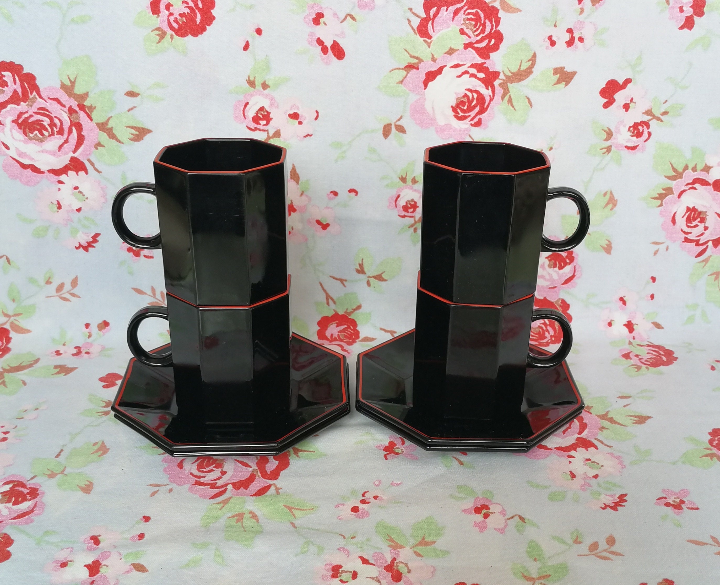 4 Français Vintage Arcoroc Octime Coffee Tea Cups/Mugs + Soucoupes Made in France 1980S Octagon Cup 