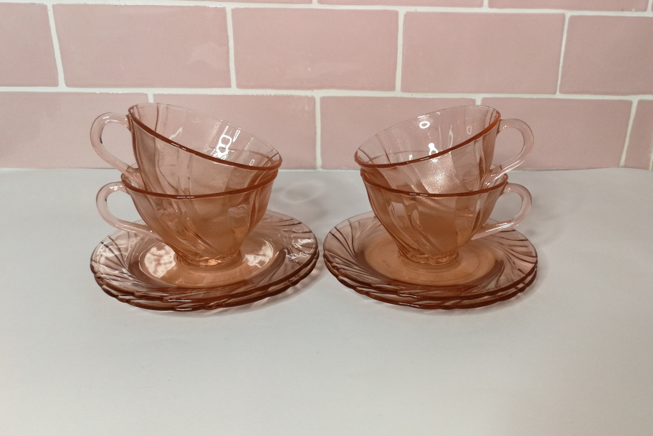 Pink Tea Cups Saucers, Pink Glass Coffee Cups