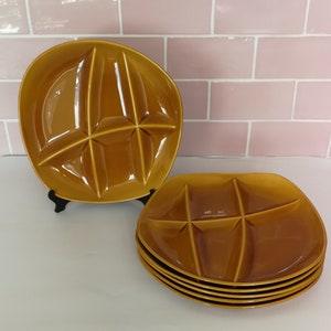 Set of 6 Salins French Fondue Plates Made in France Vintage Countryhome Faience Compartment Divided Tray Snacks Sushi Raclette Brown Plates
