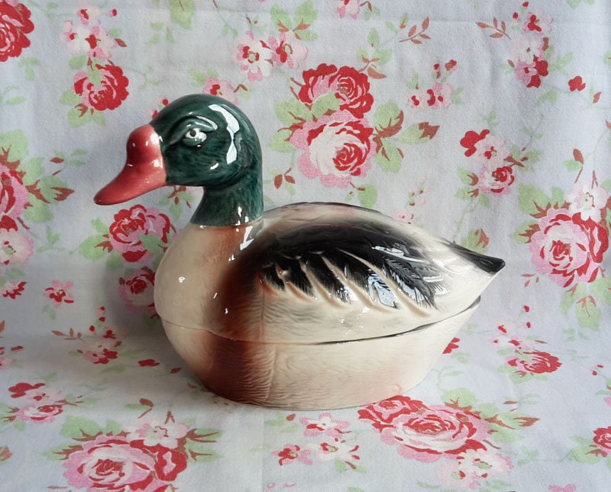 Authentique Français Canard Faience Terrine Par Michel Caugant Signé Paté Handmade Tureen 1960S Vint