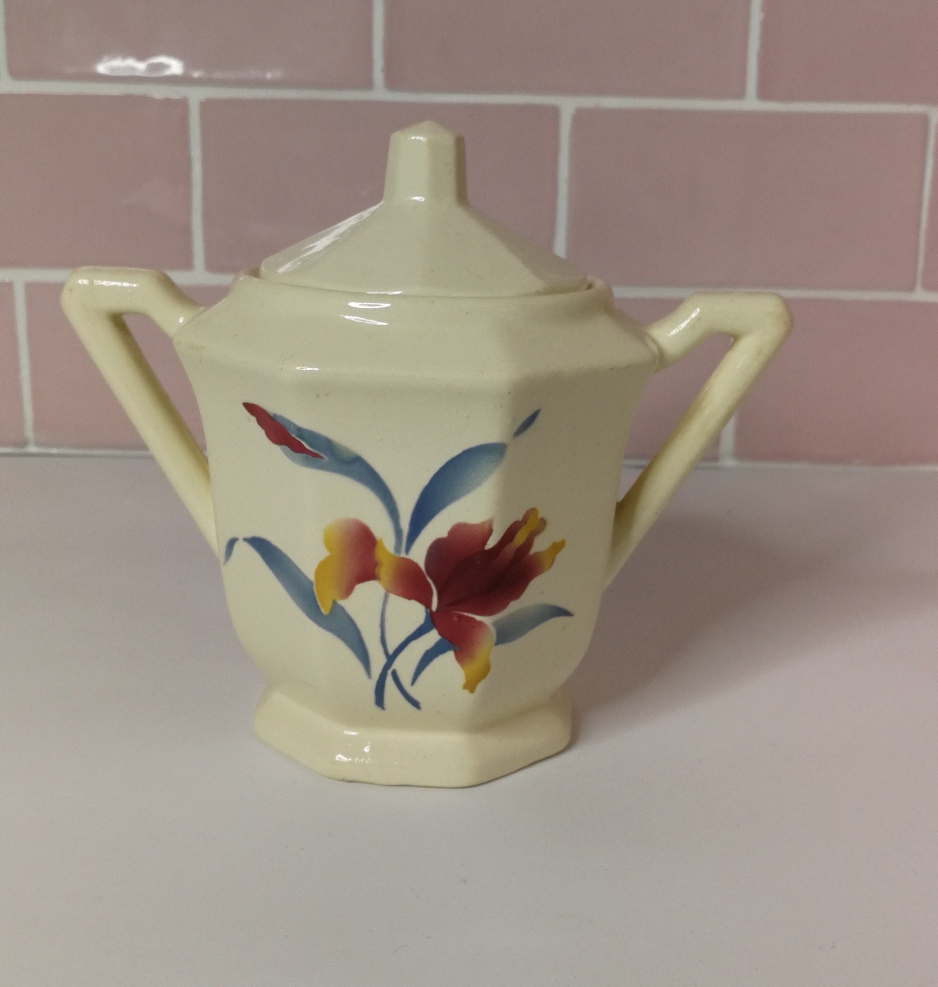 Vintage Digoin Sarreguemines Lidded Sugar Bowl Candy Made in France Français en Faïence Jar Ceramic 