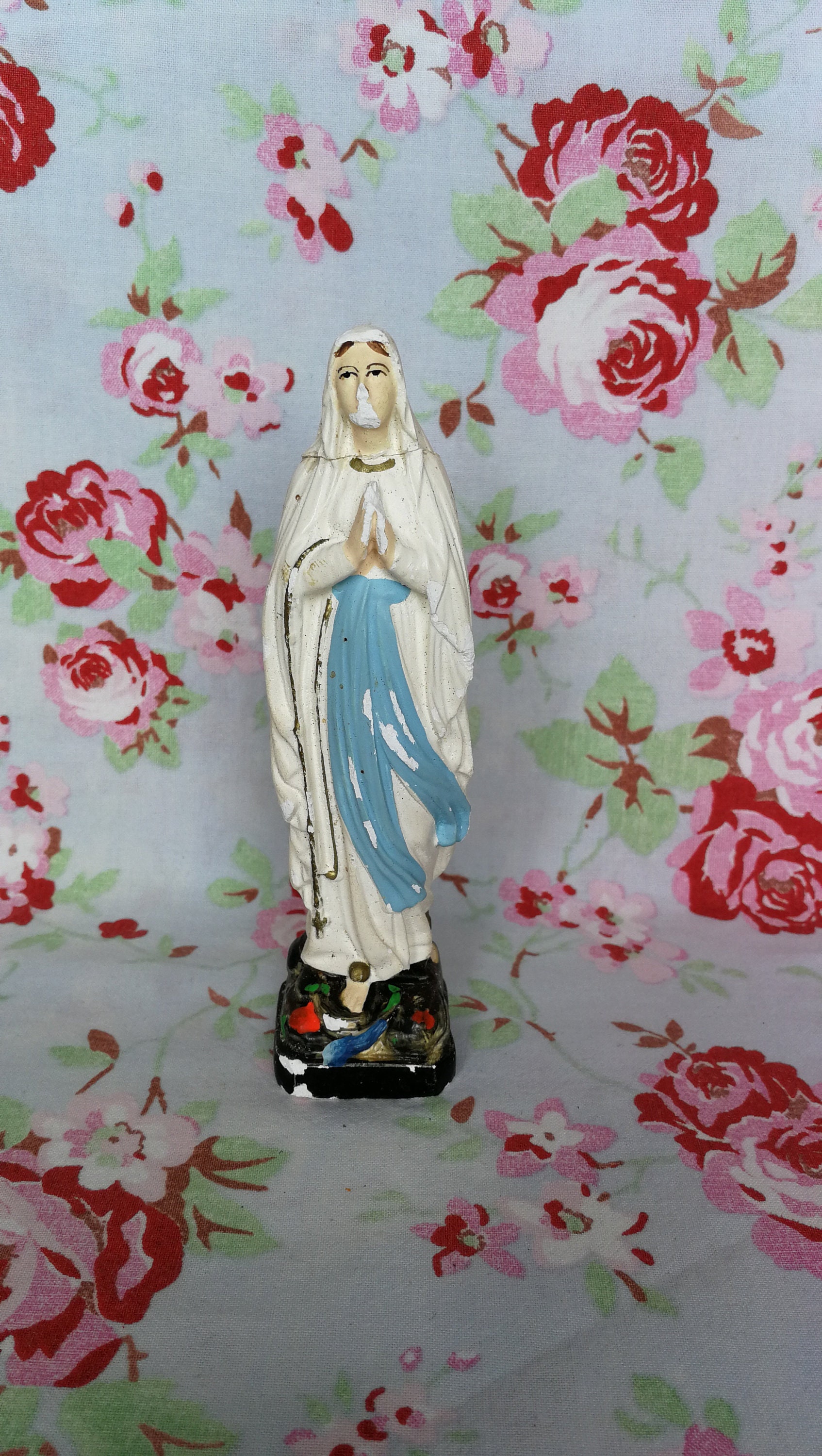Vintage Français Immaculée Conception Statue Miraculeuse Vierge Marie Roses Fleur Catholique Lourdes