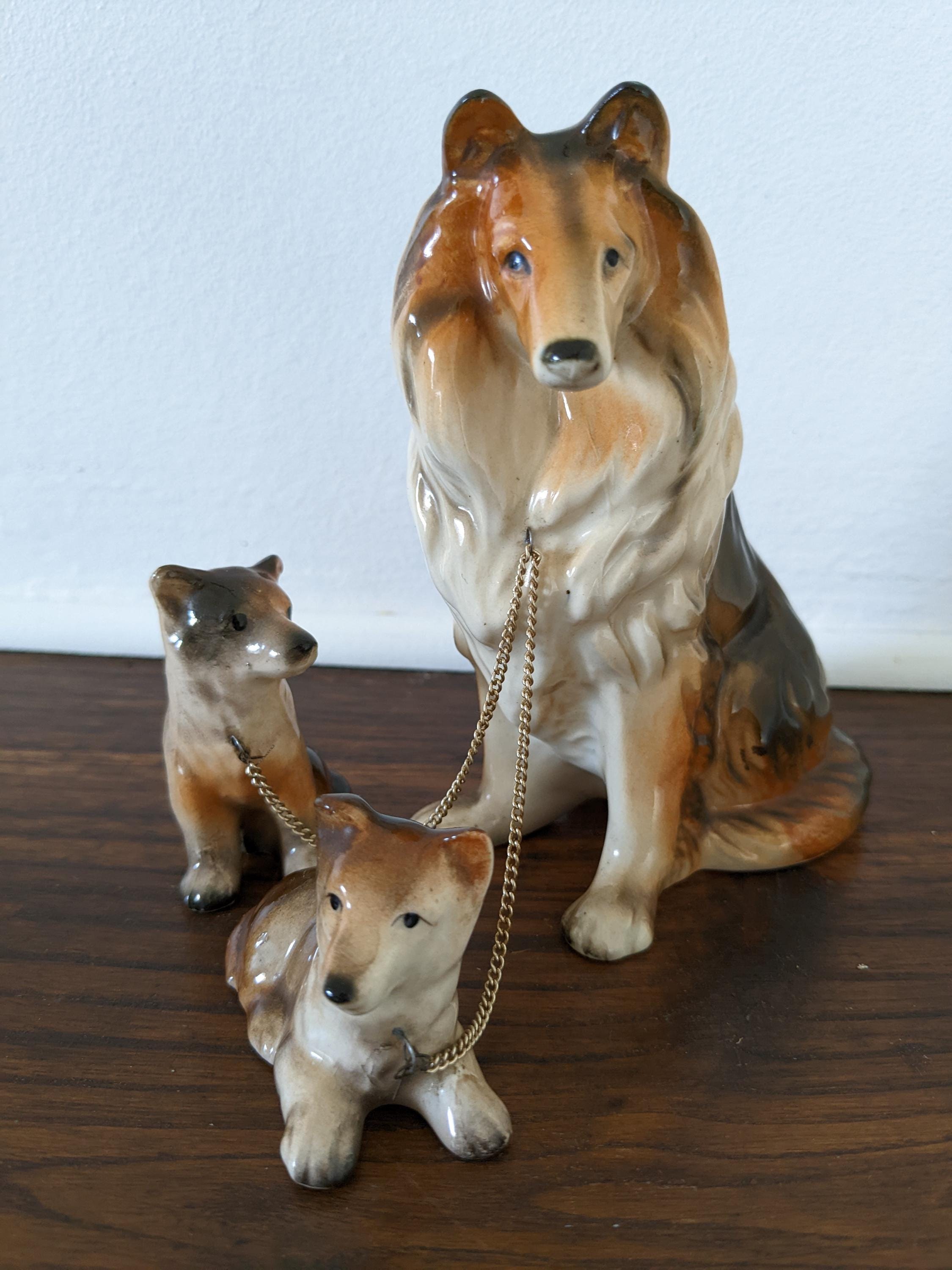 Vintage Collie Dog Figurine Family With Chain Leash • Mother