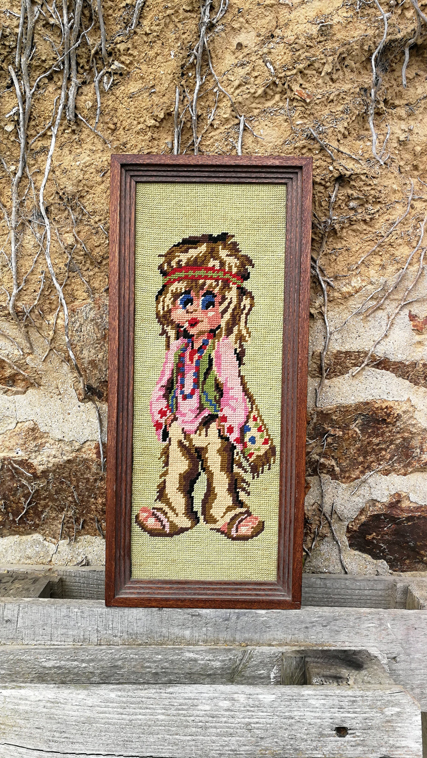 Vintage Français Cheeky Big Eyed Hippiel Kid Framed Cross Stitch Canvas Needlepoint Poulbot Style Nu