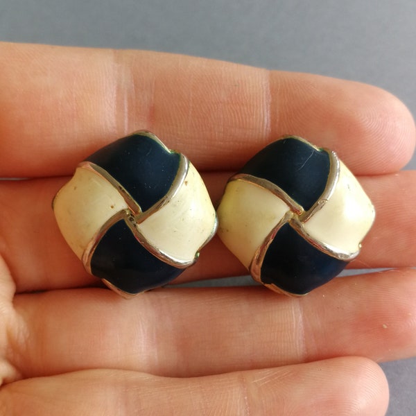 vintage Français années 80 Clip On Boucles d’oreilles Beige Bleu Or Designer France Lanvin Nina Ricci Jean Paul Gaultier Inspiré Haute Couture 1980