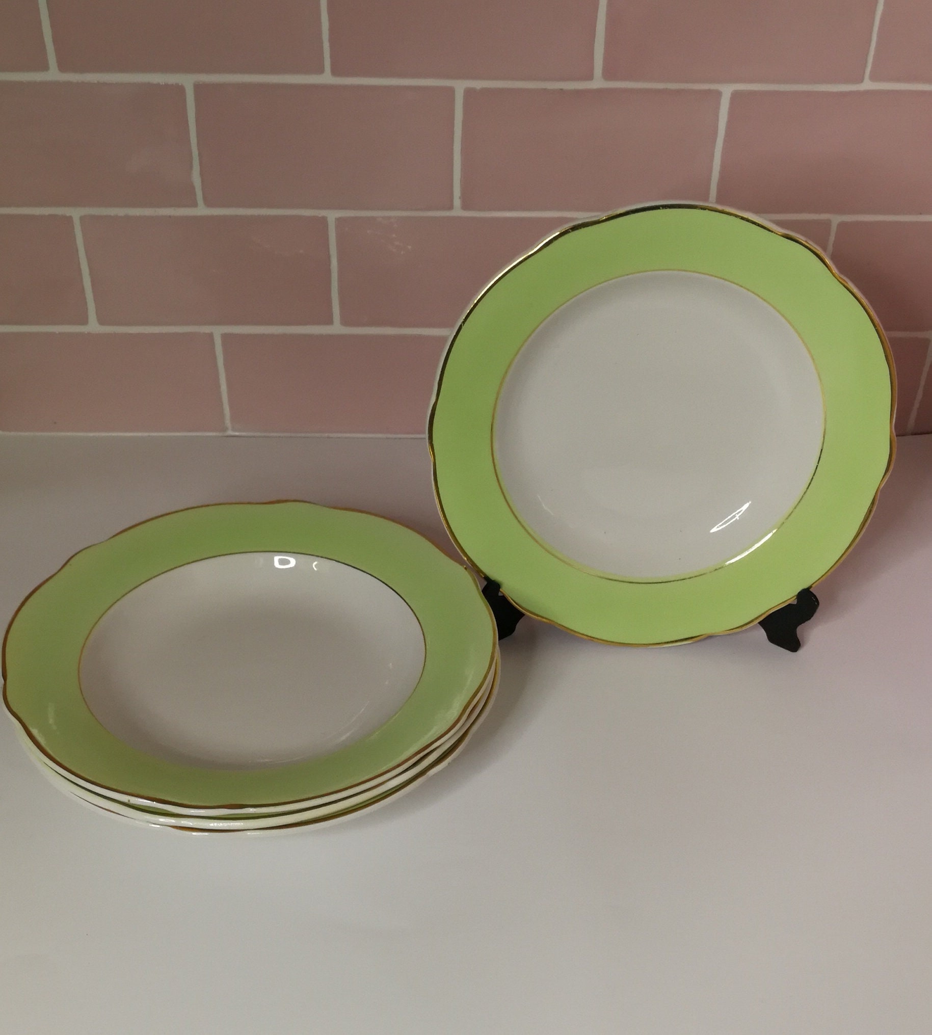 4 Français Millésimés K&g Luneville Deep Plates Set de Quatre Lime Green Yellow Gold Rim Estampillé 