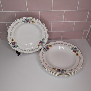 4 Digoin Sarreguemines Lavandou Deep Plates Flowers Blue Yellow Pink Made in France Vintage French Rose Pasta Bowl Soup Golden Rim Trim