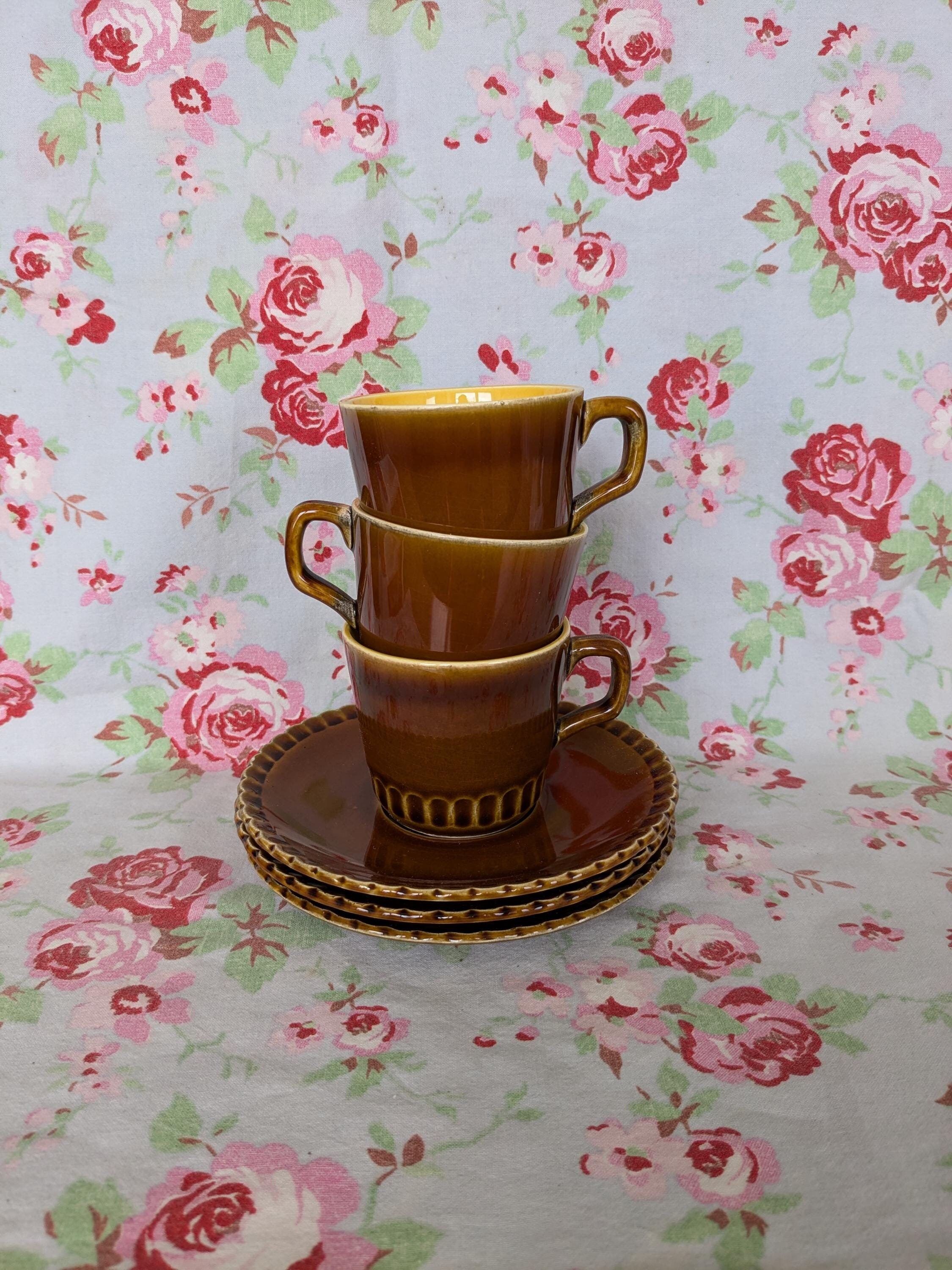 3 Vintage French Digoin Sarreguemines Espresso Coffee Cups & Saucers Set of Three Made In France Brown and Yellow Eartherware Ceramic