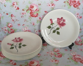 6 Vintage French Bagatelle Dessert Plates Romantic Rose Plate Made in France Retro Flower Pattern Mid Century Dish Hand Painted