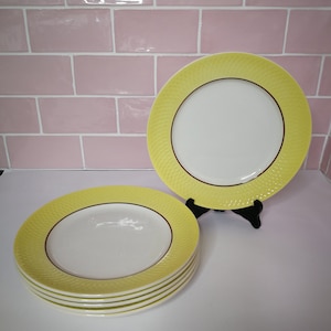 6 assiettes à dîner Moulin Des Loups jaunes vintage, France Gold Line, faïence vaisselle, aérographe rétro, motifs Digoin
