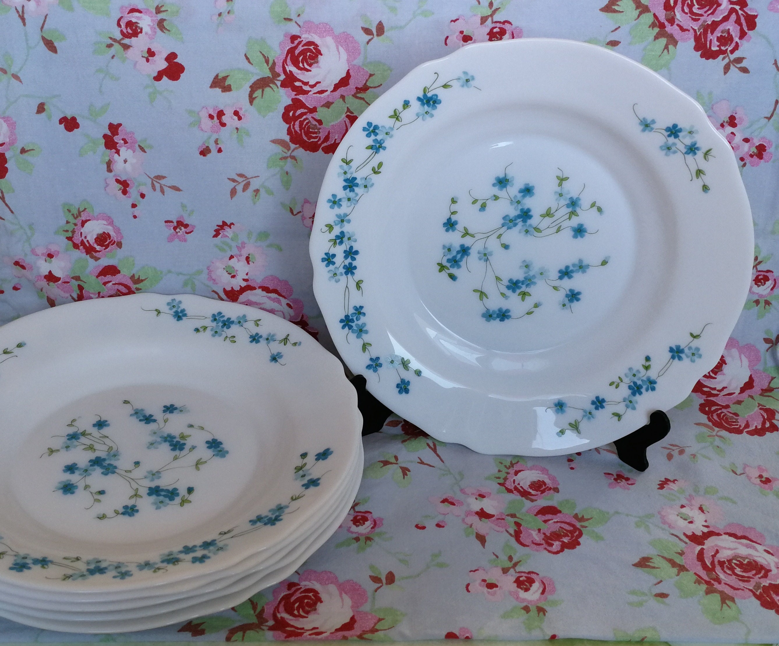 6 Vintage Français Arcopal Veronica Soup Deep Plates Set de 6 Forget-Me-Not - Blue Myosotis Made in 