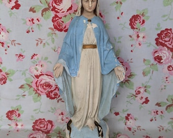 Große Vintage Französische Unbefleckte Empfängnis Statue Wunderige Jungfrau Maria mit Schlangen Rosen Blume Katholische Gips Chalkware Santa Maria
