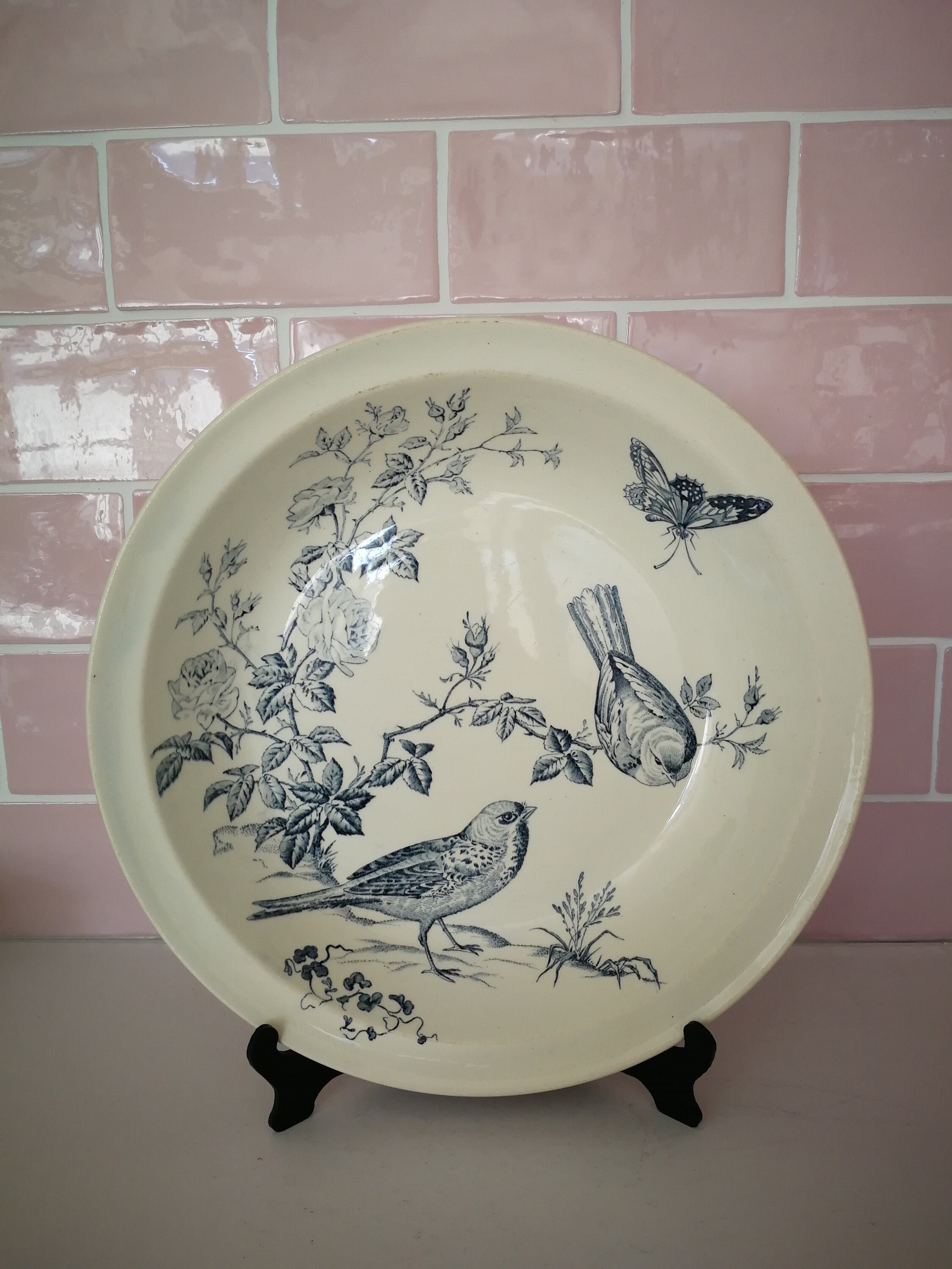 Grand Français Antique Terre de Fer Deep Serving Dish Hb et Cie Ironstone France Vintage Oiseaux Fle