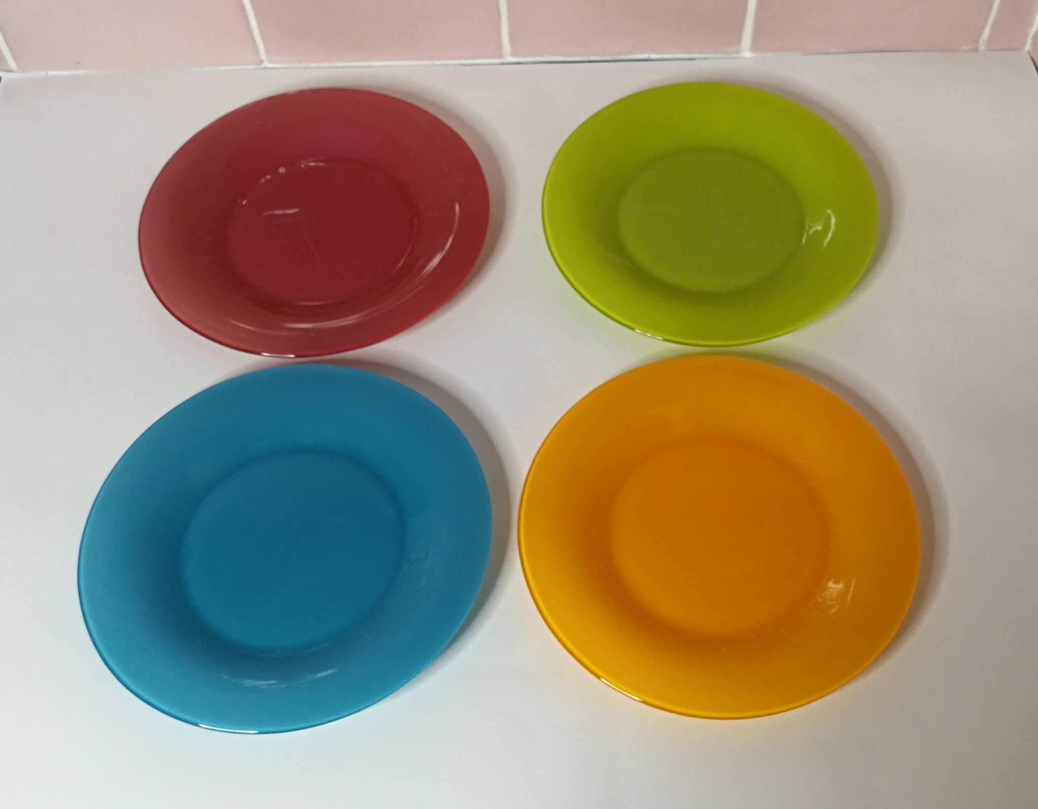 4 Assiettes à Dessert Vintage Français Arc Made in France Rose Bleu Vert Orange Résistant Pyrex Inca